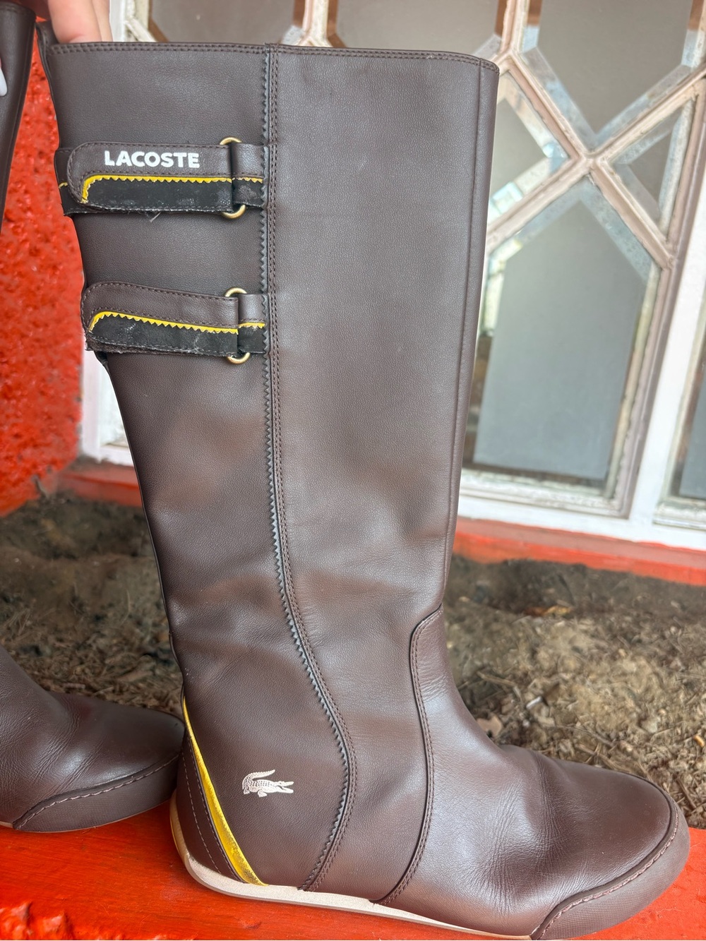 Lacoste Brown Leather Knee-High Boots with Yellow Accents